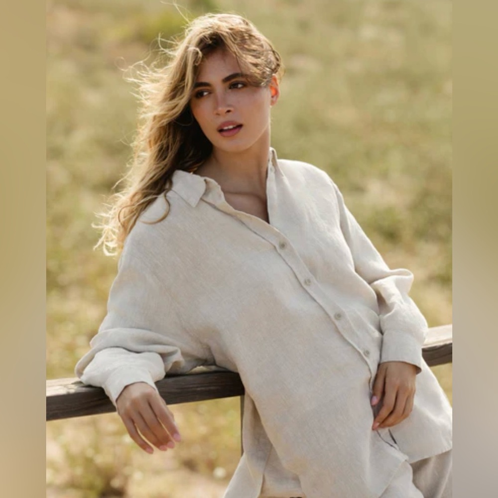 Saks Fifth Avenue Cream Linen-Blend Long Sleeve Button-Up Top